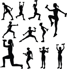 set of barbell gym workout activities silhouettes, lifting weights for diet, healthy women and ideal bodies, suitable for sport template design.	