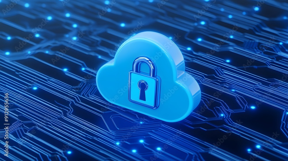 Poster blue cloud icon with lock on digital circuit board, representing data security and cloud computing t