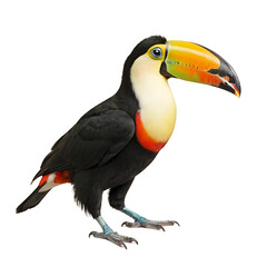 Fototapeta premium A colorful toucan bird with a large, brightly colored beak, isolated on a white background. Transparent PNG for versatile use. Perfect for educational materials, nature-themed designs, or tropical bra