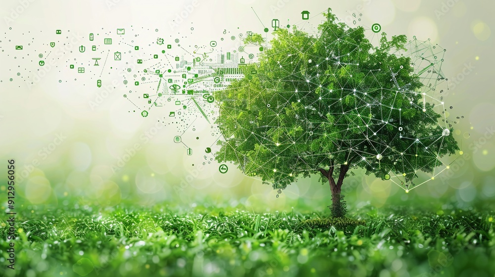 Poster tree with green technology and recycling symbols minimalistic flat white background style space for 