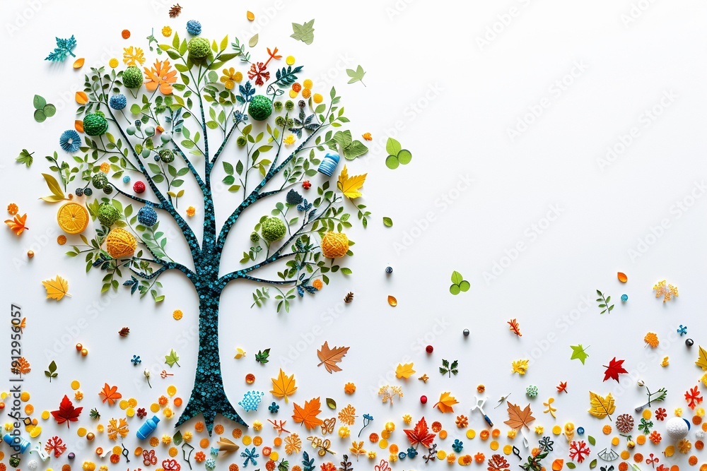 Poster tree with green technology and recycling symbols minimalistic flat white background style space for 