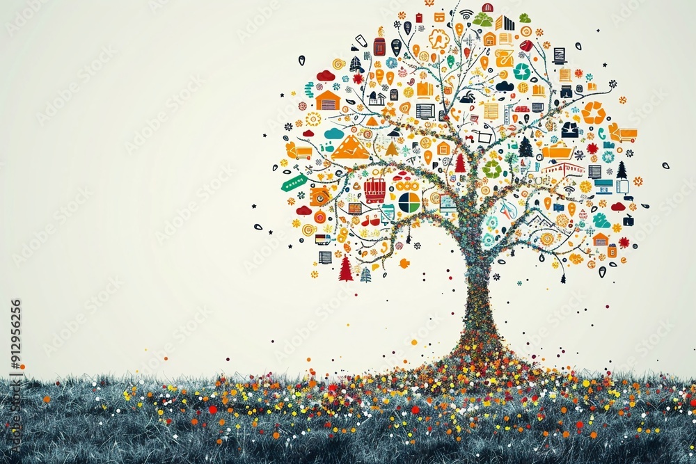 Poster tree with green technology and recycling symbols minimalistic flat white background space for text