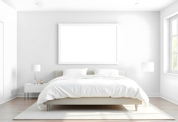 Interior of  A bedroom with a wooden bed frame, and a blank white framed wall art above the bed. The room has a warm, inviting atmosphere 