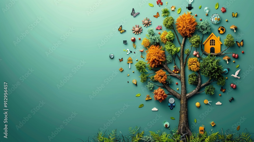 Poster tree with renewable energy and ecofriendly transport symbols minimalistic flat green background styl