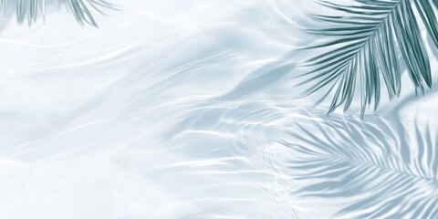 Top view of Empty abstract sand beach with palm leaf shadow and transparent water wave from above, blank background banner for travel, vacation, and wellbeing with copy space, mockup design template.