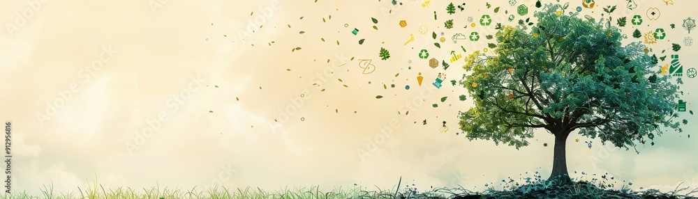 Poster tree with green technology and recycling symbols minimalistic flat white background style space for 