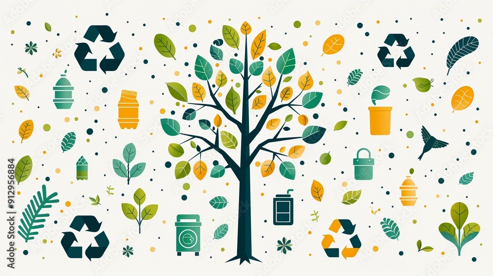 Poster tree with green technology and recycling symbols minimalistic flat white background style space for 