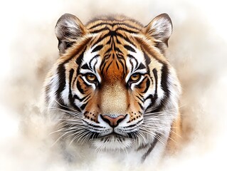 Obraz premium Watercolor portrait of a fierce tiger, capturing its intense gaze and striking stripes with a dreamy, artistic flair