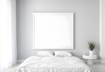 Interior of  A bedroom with a wooden bed frame, and a blank white framed wall art above the bed. The room has a warm, inviting atmosphere 