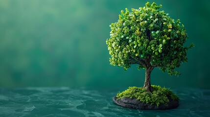 Tree with renewable energy and ecofriendly transport symbols minimalistic flat green background style space for text