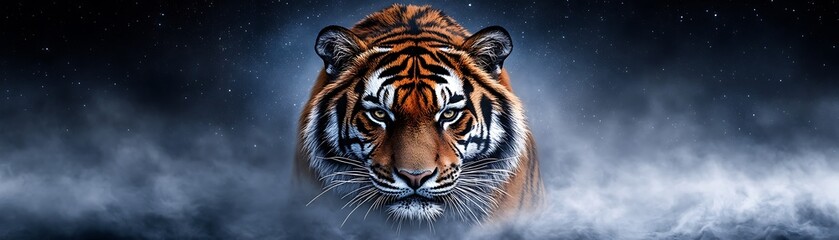 Fototapeta premium Night scene of a tiger under a starry sky, illuminated by moonlight, in a dreamy watercolor style