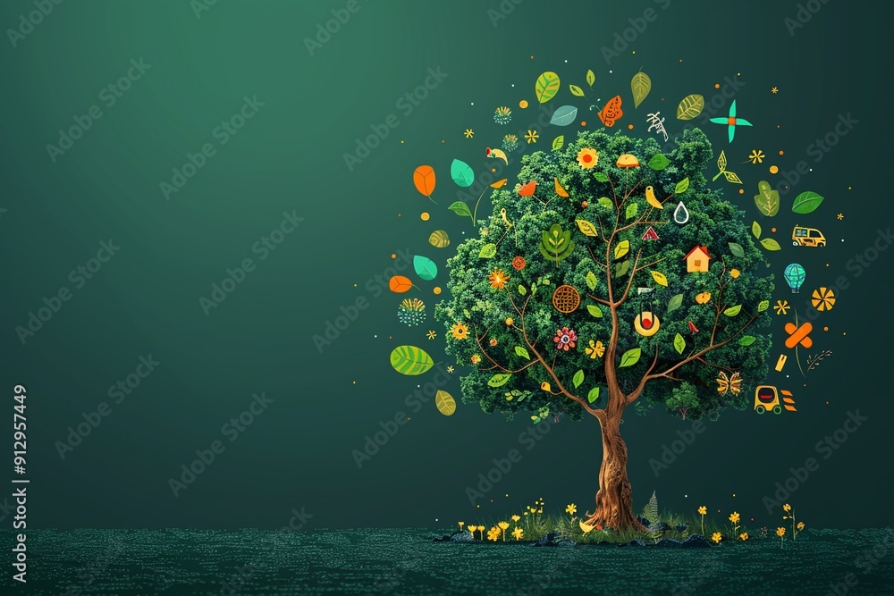 Poster tree with renewable energy and ecofriendly transport symbols minimalistic flat green background styl