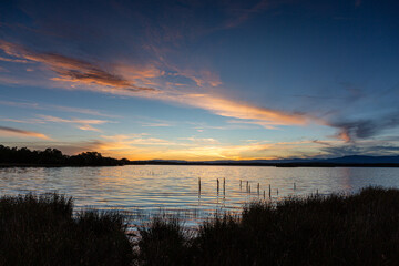 Obraz premium Landscape with the Valparaíso Reservoir at sunset, Zamora, Castilla y León, Spain.