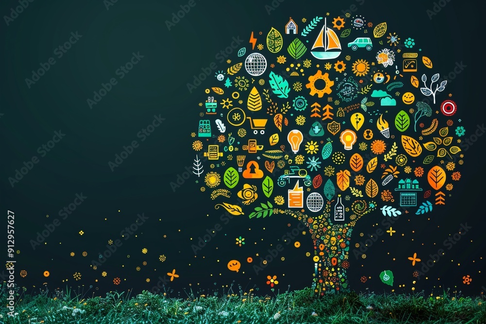 Poster tree with renewable energy and ecofriendly transport symbols minimalistic flat green background styl