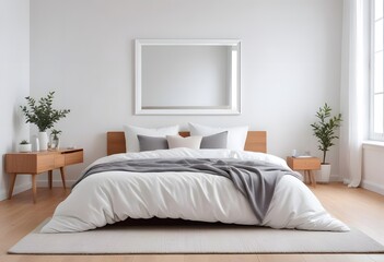 Interior of  A bedroom with a wooden bed frame, and a blank white framed wall art above the bed. The room has a warm, inviting atmosphere 