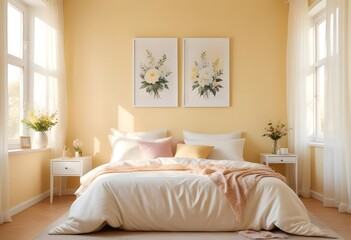 Interior of  A bedroom with a wooden bed frame, and a blank white framed wall art above the bed. The room has a warm, inviting atmosphere 