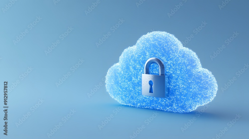 Poster blue cloud with a lock, symbolizing security and data protection in cloud computing. concept of data