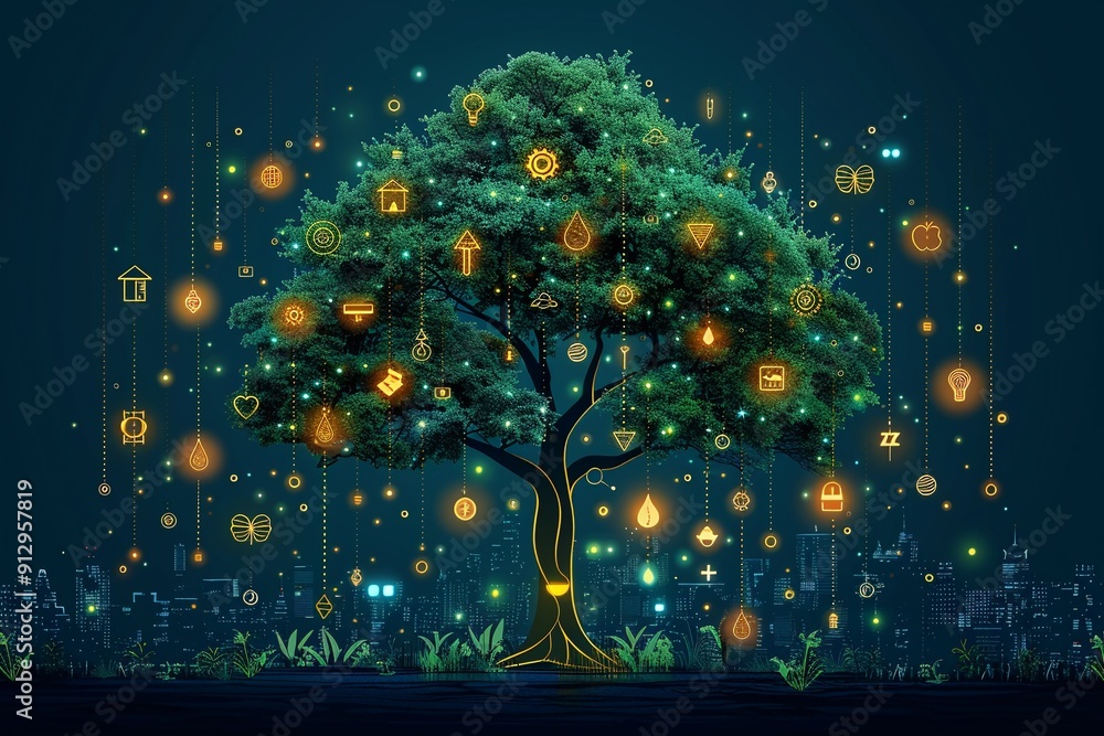 Poster tree with green technology and recycling symbols minimalistic flat white background style space for 