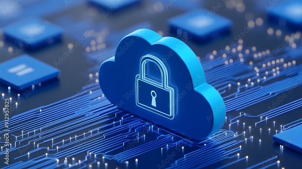Poster blue cloud with a lock symbolizing data security and protection on a digital circuit board backgroun