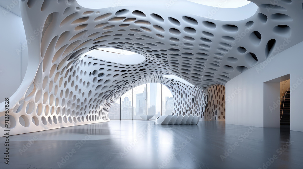 Poster futuristic tunnel with an organic, lattice-like structure, illuminated by soft white light, represen