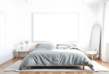 Interior of  A bedroom with a wooden bed frame, and a blank white framed wall art above the bed. The room has a warm, inviting atmosphere 