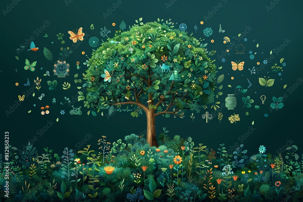 Poster tree with renewable energy and ecofriendly transport symbols minimalistic flat green background styl