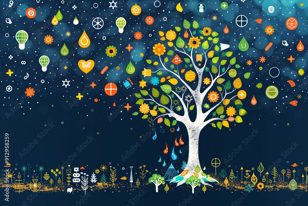 Poster tree with green technology and recycling symbols minimalistic flat white background style space for 