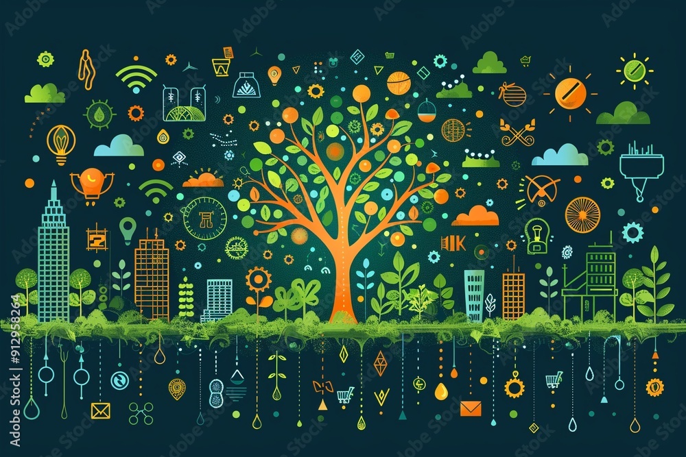 Poster tree with green technology and recycling symbols minimalistic flat white background style space for 