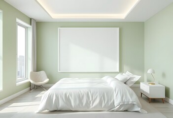 Interior of  A bedroom with a wooden bed frame, and a blank white framed wall art above the bed. The room has a warm, inviting atmosphere 