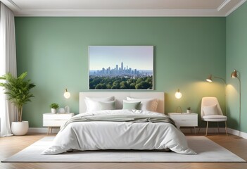 Interior of  A bedroom with a wooden bed frame, and a blank white framed wall art above the bed. The room has a warm, inviting atmosphere 