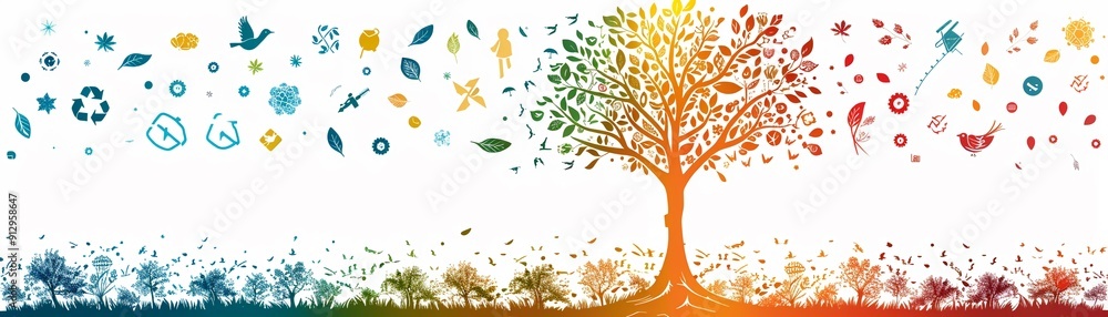 Poster tree with green technology and recycling symbols minimalistic flat white background style space for 