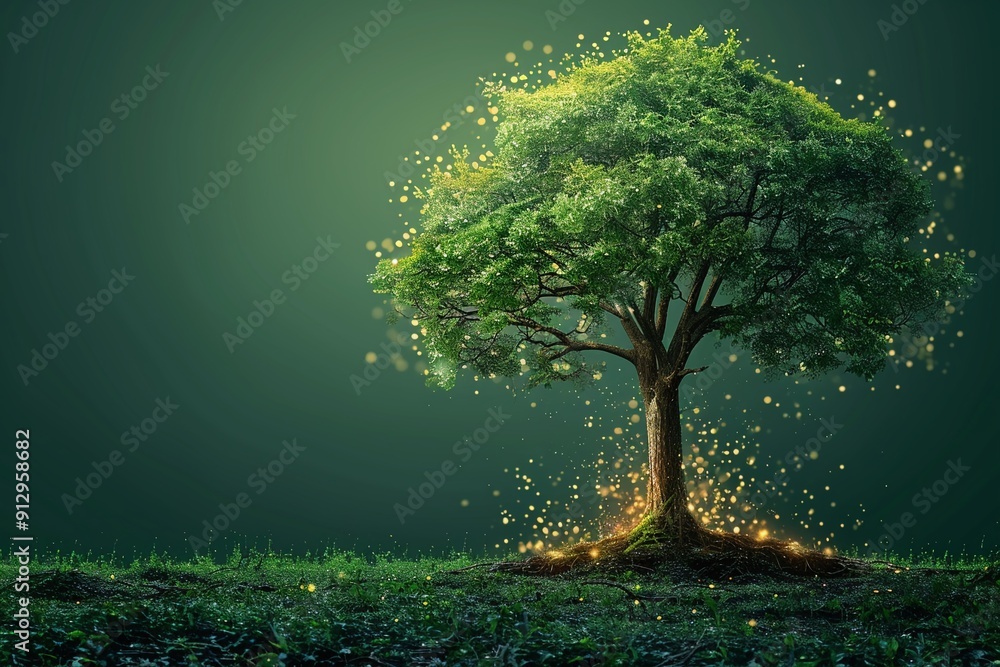 Poster tree with renewable energy and ecofriendly transport symbols minimalistic flat green background styl