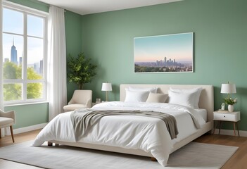 Interior of  A bedroom with a wooden bed frame, and a blank white framed wall art above the bed. The room has a warm, inviting atmosphere 