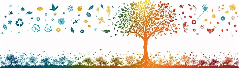 Obraz premium Tree with green technology and recycling symbols minimalistic flat white background style space for text