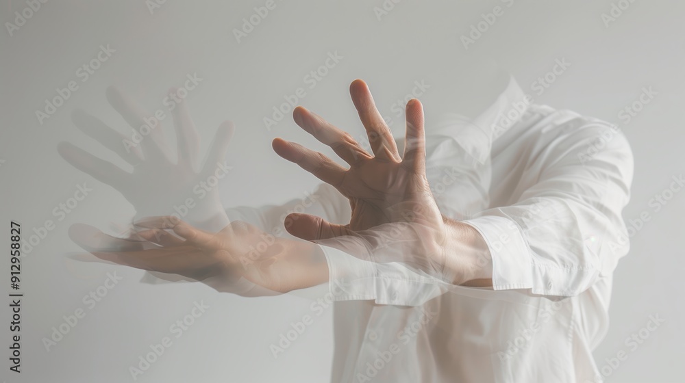 Poster dynamic movement of hands in abstract art against neutral background captured in contemporary style