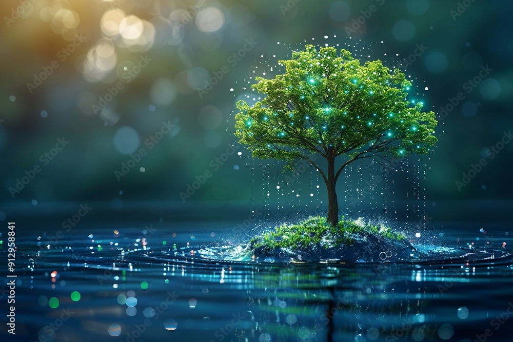 Poster tree with green technology and recycling symbols minimalistic flat white background style space for 