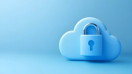 Blue cloud with padlock symbolizes data security and cloud storage protection on a blue background. Concept of cybersecurity and privacy.