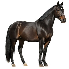 Naklejka premium A bay horse in a bridle stands alertly, its coat gleaming. Transparent PNG for easy isolation. Ideal for equestrian, nature, or design projects.