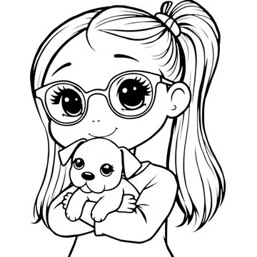 children with pet coloing page on Isolated transparent background png. generated with AI