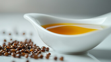 On a white table, in the close-up, is an elegant sauce boat filled with jojoba oil. Its golden color contrasts with the white background.
