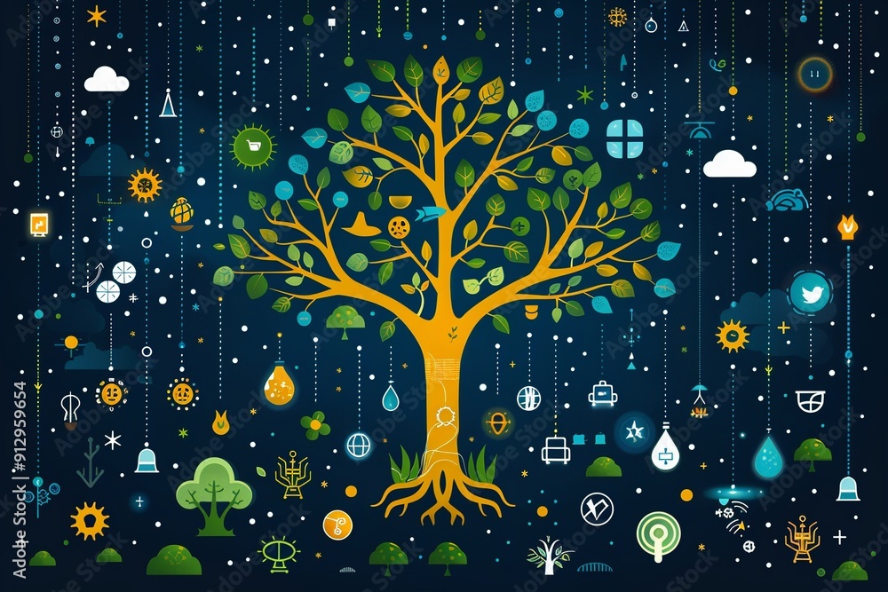 Poster tree with green technology and recycling symbols minimalistic flat white background style space for 