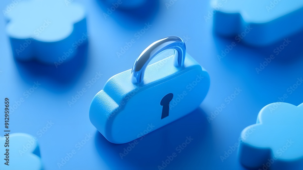 Poster blue cloud-shaped padlock symbolizing data security and protection in cloud computing on a blue back