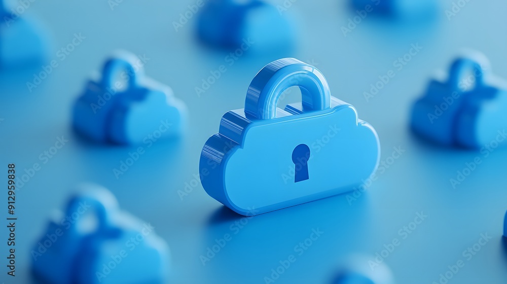 Poster blue cloud-shaped padlocks representing data security and cloud computing technology concept on a bl