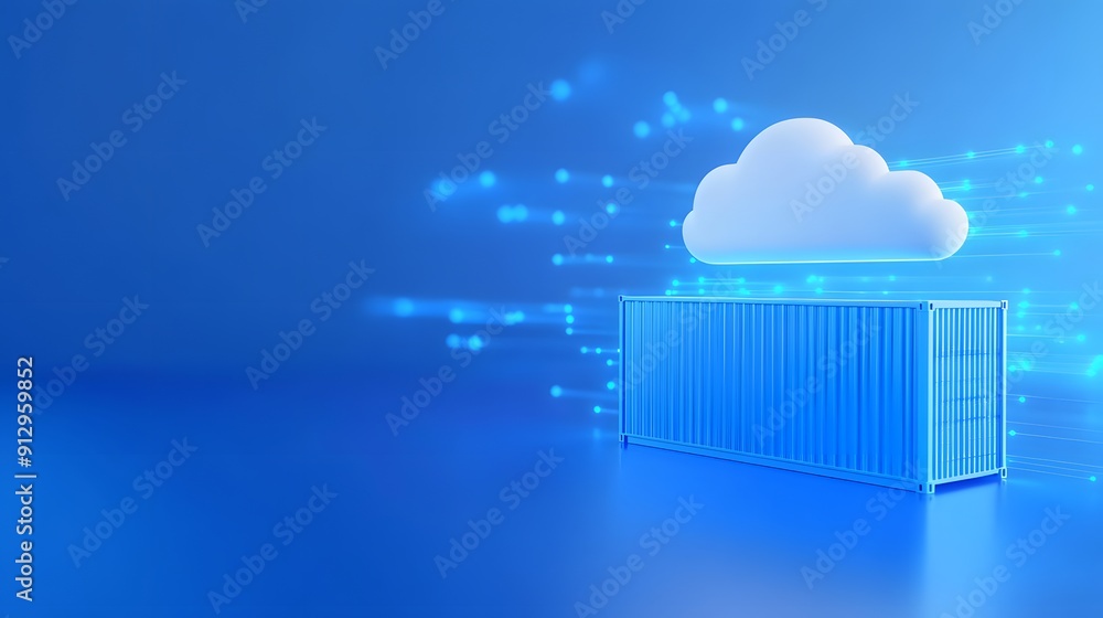 Poster blue container symbolizes cloud computing, digital transformation and technology under a futuristic 