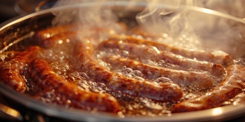 Cooking sausages in a pot of boiling water meat product preparation process
