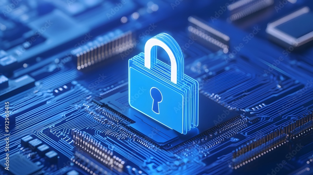 Poster blue digital padlock symbol on a computer circuit board, representing cybersecurity and data protect