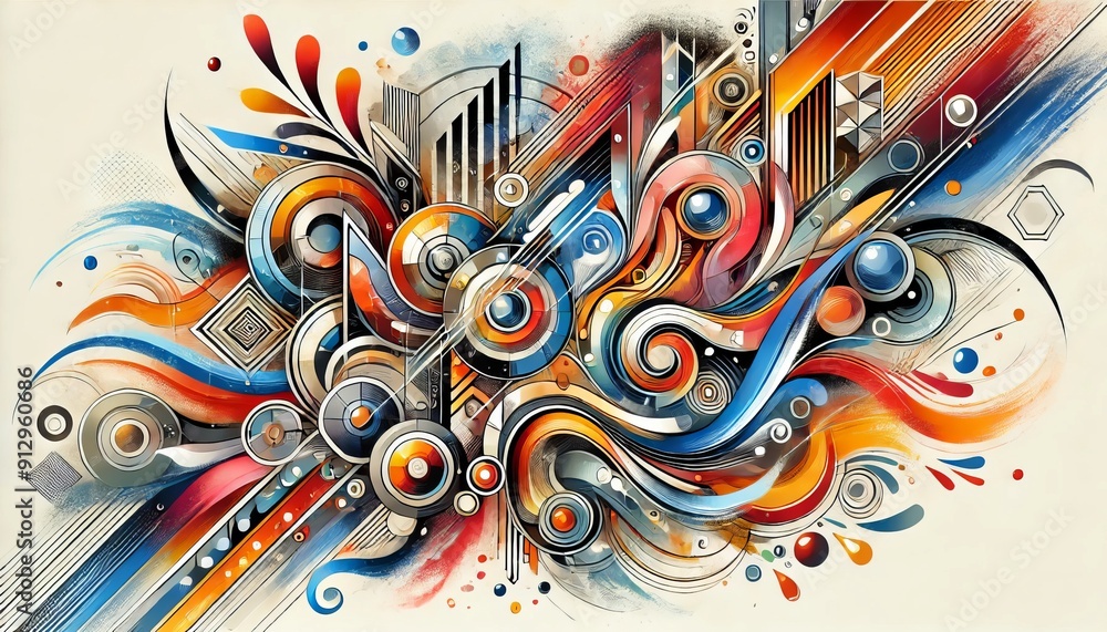 Poster abstract geometric artwork with vibrant colors and dynamic shapes in 3d animation
