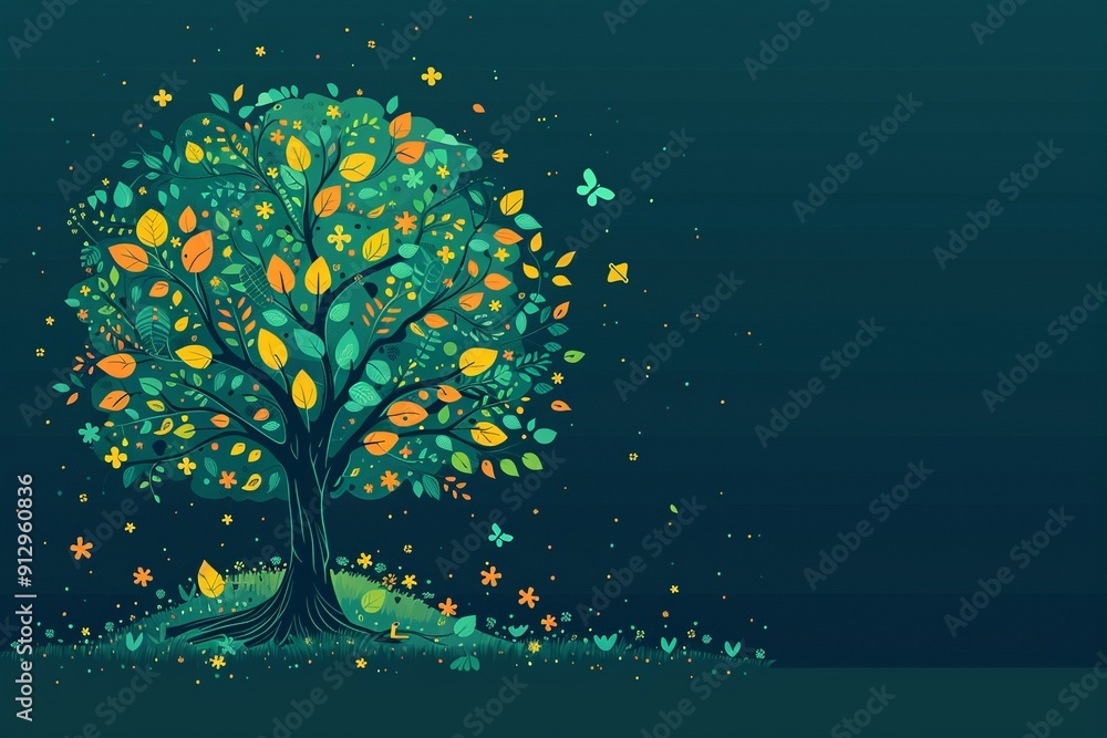 Poster tree with renewable energy and ecofriendly transport symbols minimalistic flat green background styl