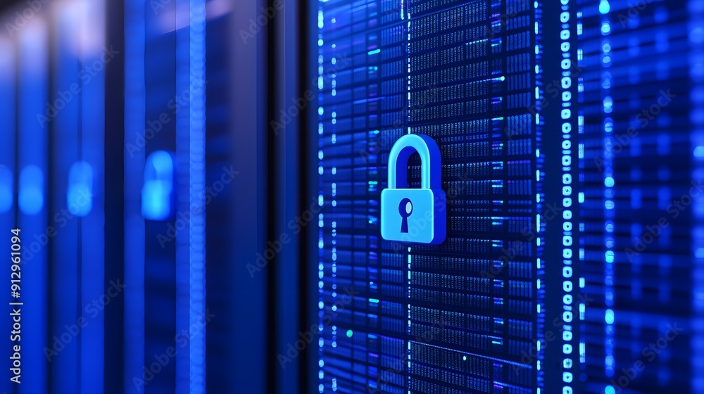 Poster blue illuminated server racks with a digital lock symbol, representing data security and protection 