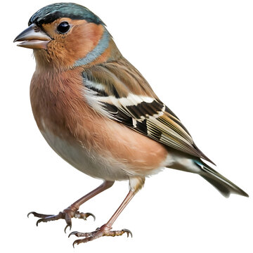 A vibrant male chaffinch (Fringilla coelebs) with distinct markings, including a reddish-pink breast and cheeks, bluish-grey crown, and olive-green back. Transparent PNG for versatile use. Perfect for